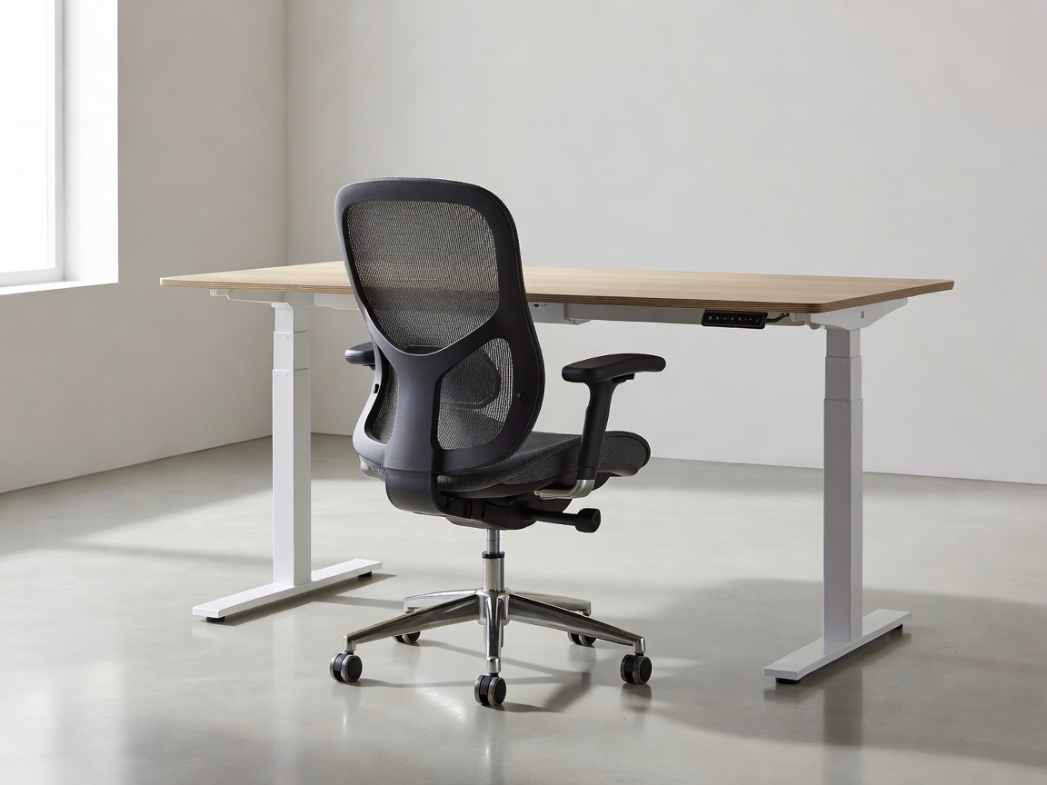 Ergonominen työtuoli ja säädettävä sähköpöytä optimaalisessa asennossa